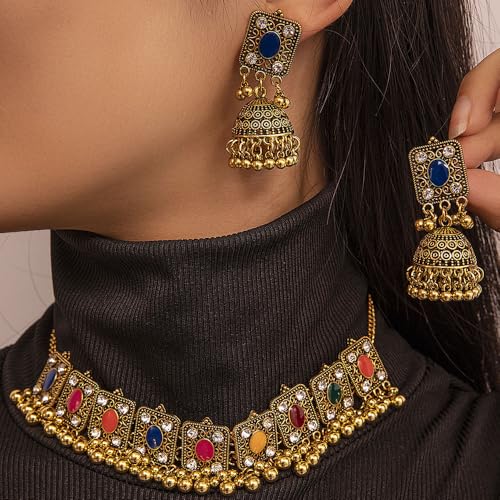 Bollywood Conjuntos de joias de declaração de casamento colorido strass cristal oxidado ouro indiano