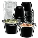 {4 oz - 100 Sets} Black Diposable Plastic Portion Cups With Lids, Small Mini Containers For Portion