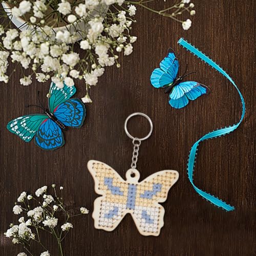 Image of FREEBLOSS 16 Set Wooden Cross Stitch Kits DIY Keychain Wooden Embroidery Set Butterfly Wooden Threading Kit with Instruction Sewing Kits for Ages 8-12 DIY Project Art Craft for Holiday Gift