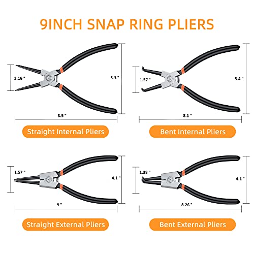 Solude 4 Pcs Snap Ring Pliers Set, 9-Inch Circlip Pliers Kit With Straight/Bent Jaw,Internal/External Heavy Duty Snap Ring Tool For Ring Remover Retaining #TOP5