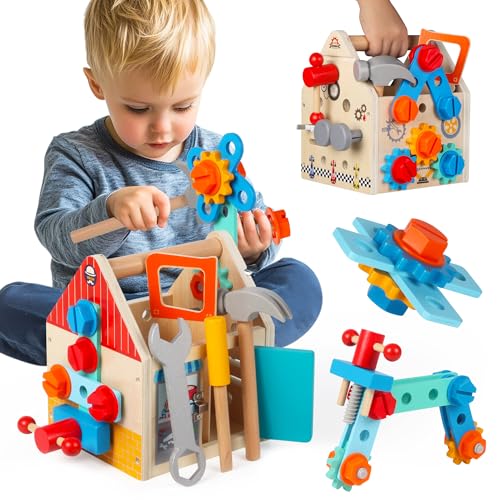 Toddler Tool Kit - 33 PCS Montessori Toddlers Tool Box, Kids Pretend Play Tool Set Age 2-4, STEM Educational Toys for Age 3, Wooden Construction Toys, Boys Birthday Gift 2,3,4,5 Year Old (House)
