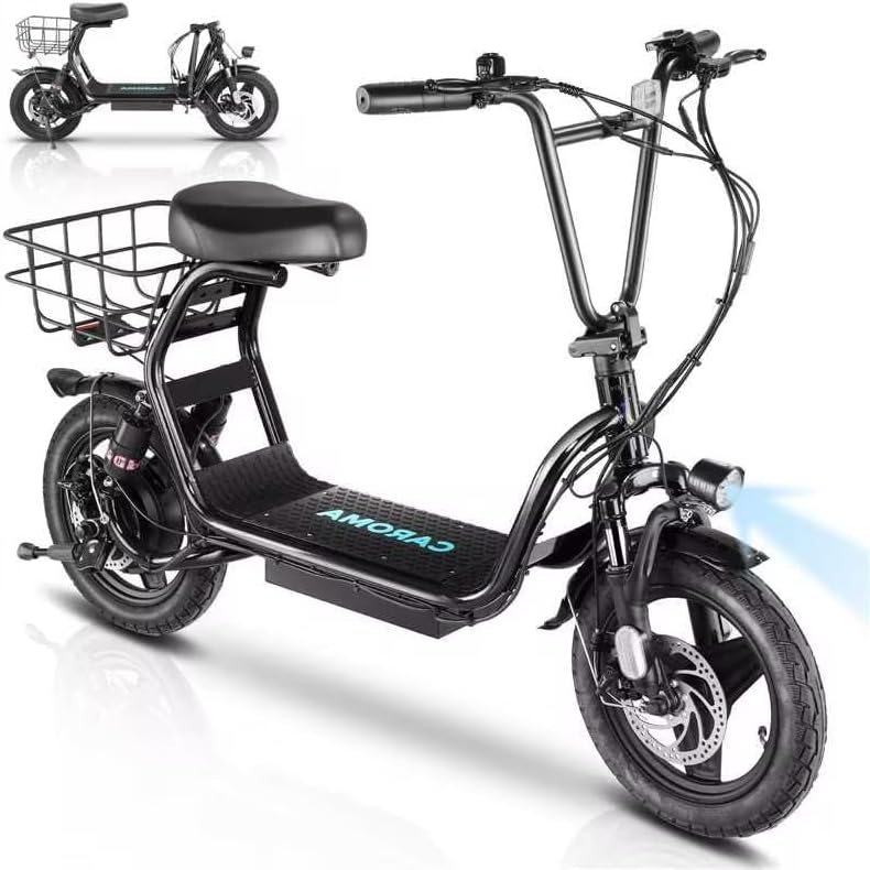 Caroma Peak 1200W Electric Scooter with Seat for Adults, 500Wh Battery up to 30 Miles&20MPH, 14" Fat Tire, Foldable Adult Electric Scooter for Commuting with Basket&Shock Absorbing