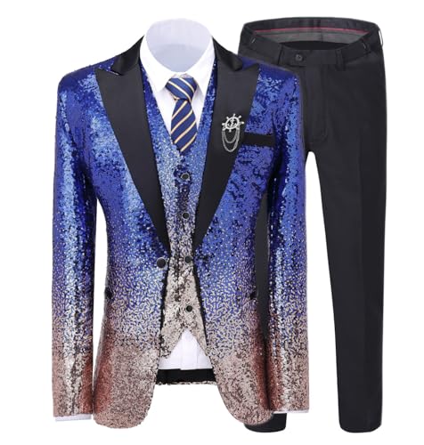 Mens Suit 3 Piece Sequin Suit Vintage Gradient Slim Party Shiny Tuxedo Wedding Formal Suit