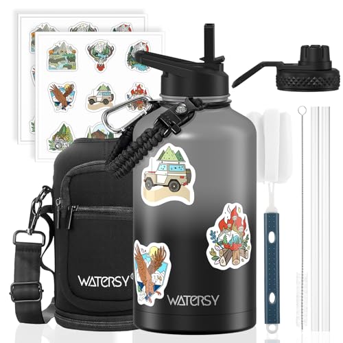 Image of 64oz Insulated Water Bottle (Cold for 48 Hrs),BPA Free&Leak Proof,Half Gallon Stainless Steel Water Flask,Water Jug with Straw Spout Lids for Gym,Hiking,Camping,Grey Black