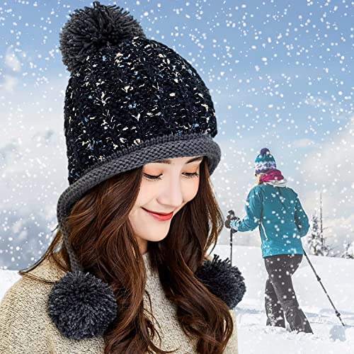 Huamulan Women Winter Sherpa Cover Ears Beanie Hat Earflap Peruvian Warm Fleece Lined Knit Cute Fluffy Soft Ski Hats 3 Pom Poms #TOP3