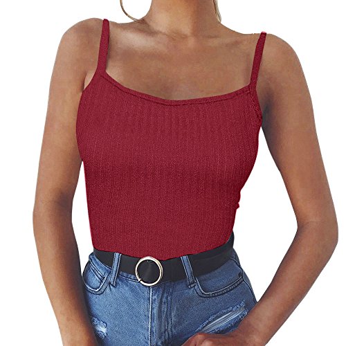 Levifun Débardeur Femme Ete Sexy Dames Crop Tops Cami Élégant Chemise Blouse sans Manches Sangle Solide Basic Chemiser de Camisole Chic Tank Tunique Tops (M, Rouge)