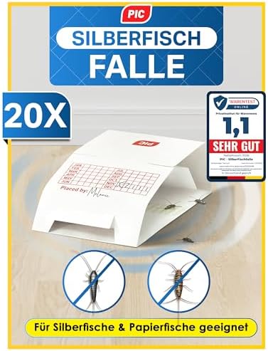 PIC Silberfischfalle 20 Stück, gegen Silberfische und Papierfische | Insektizidfreie Klebefalle mit starker Klebekraft, bis zu 3 Monate wirksam, ideal für Bad, Küche und Keller