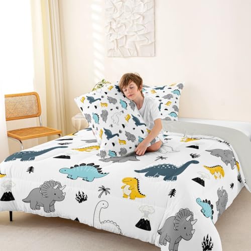 Image of Feelyou Dinosaur Bedding Set Soft for Boys Girls, Cartoon Dino Comforter Set Full Size Boho Exotic Style Duvet Quilt Microfiber 3D Wild Animal Pattern Bedroom Decor 3 Pcs with 2 Pillow Cases