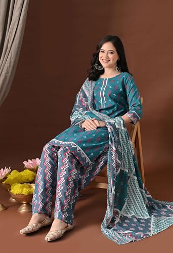 Image of Amazon Brand - Tavasya Women's Cotton Printed Kurta Set with Dupatta and Straight Pants | Salwar Suit | Ethnic Wear for Festive, Casual & Office Use