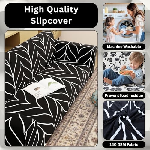 Image of Lukzer 3 Seater Black Stripe Pattern Universal Sofa Cover | 360 Fully Covered Anti-Slip Washable Couch Cover Protecter | 140 GSM Stretch Fit Polyester + Spandex Slipcover (180-230cm /SC-027-03)