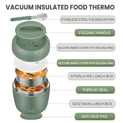 Image of wiwens Thermo Food Jar for Hot Food Adults 32OZ Soup Thermo Lunch Containers Wide Mouth Vacuum Insulated Stainless Steel Leakproof Bento Box with Spoon