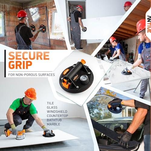 Image of Glass Suction Cup Lifter 265 lbs Each / 530 lbs Combined - 2 Pack 8 inch Heavy Duty Vacuum Suction Cups with Pressure Gauge | Manual Glass & Tile Lifting Tool for Installation