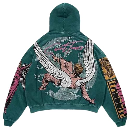 Sudadera con capucha para hombre, con estampado gráfico, de gran tamaño, unisex, con bolsillo, verde oscuro, L