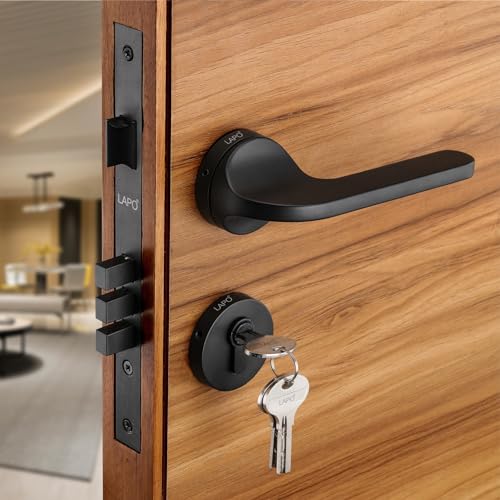 LAPO Heavy Duty Door Locks for Main Door, Door Lock for Bedroom, Mortise Door Locks Set, Door Lock Handlesets with 3 Brass Key for Home,Office,Hotel | Black Finish | 3 Years Warranty Ro-127