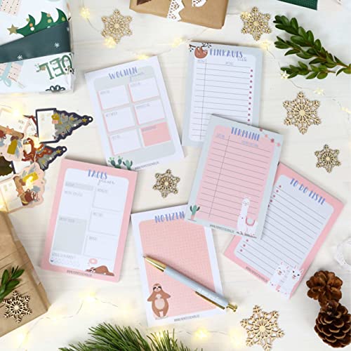 Papierdrachen 6 Notizblöcke für Termine, Wochenplaner, Tagesplaner, to do Liste, Einkaufslisten - Tagesplaner und Wochenplaner Faultier & Lama - Ideal für Uni und Haushalt - Notizblock - DIN A6