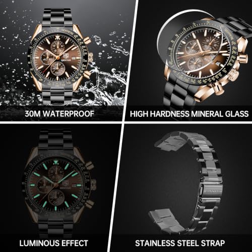 Image of BENYAR Men's Watches Chronograph Watch for Men Multifunction Black Waterproof Sport Fashion Quartz Wristwatches Calendar with Stainless Steel Strap