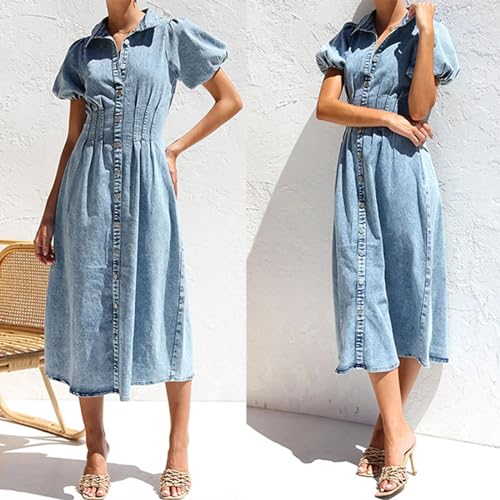 utcoco Women Long Denim Dress Puff Sleeve Button Down Casual Slim Fit Midi Jean Shirt Dress4