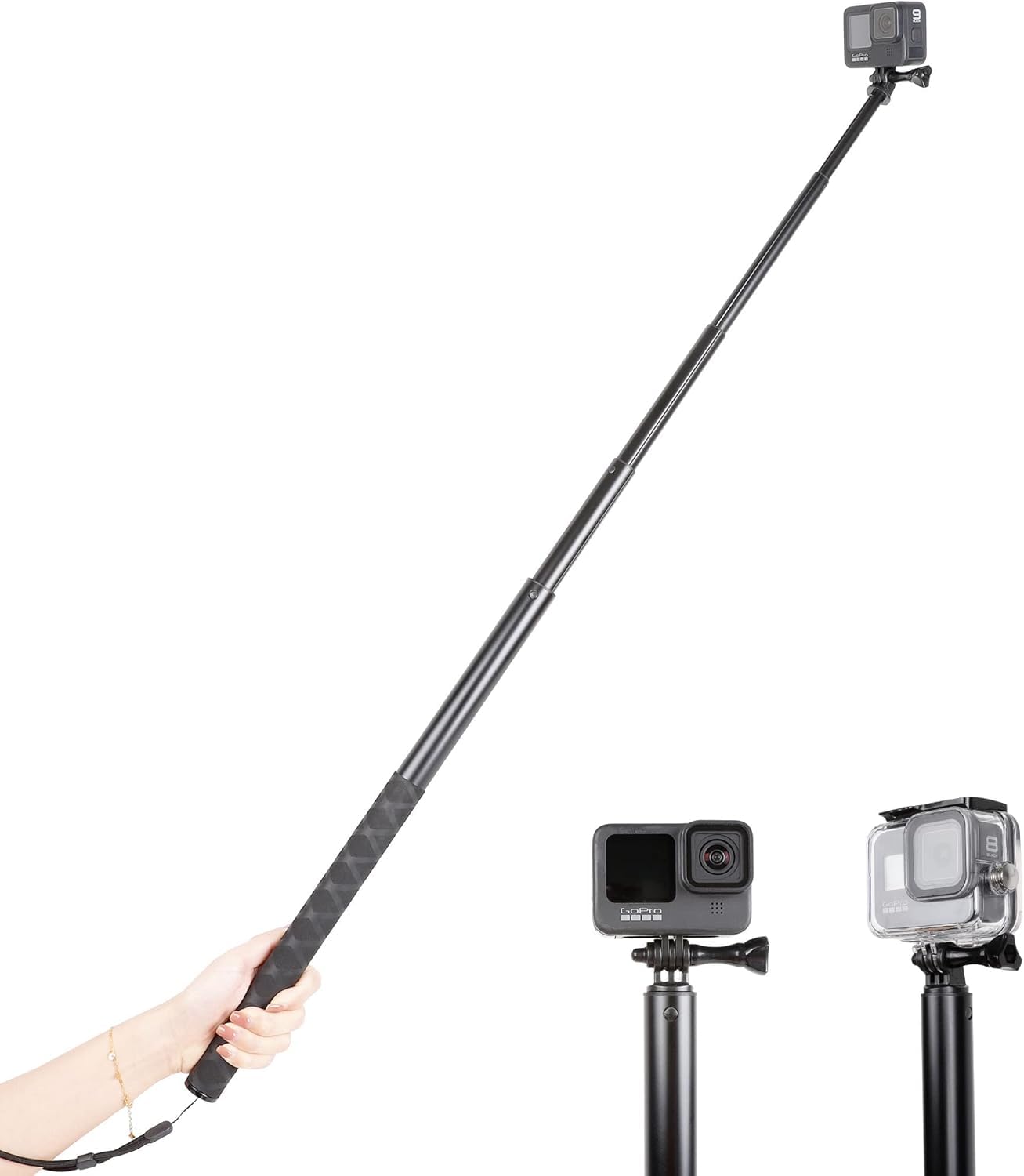 79inch Long Selfie Stick for GoPro 13/12 11 10 9 8 7 6 5 Blcak 4 Silver Go Pro Max Session, DJI Osmo Action 5 4 3 2,AKASO,Insta360 One RS R Cameras, 45-200cm Extendable Pole Monopod-image-3