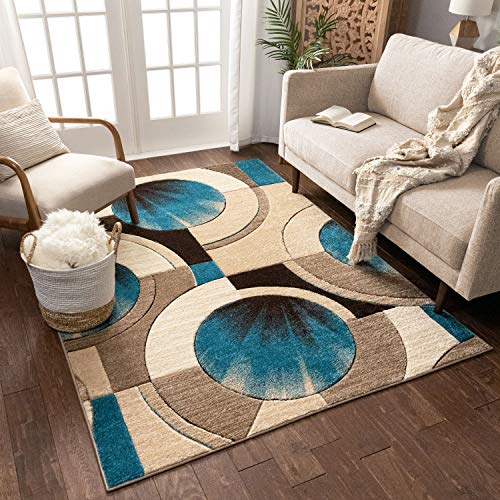 Well Woven Ruby Geometric 5x7 Area Rug Blue & Grey Vibrant Modern Contemporary Hand Carved Sunburst Design Perfect for Living Room Dining Room or Bedroom Plush Easy-Care Easy-to-Clean Carpet