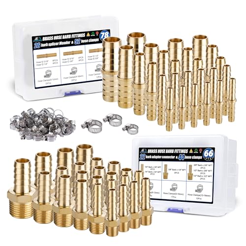 Brass hose barb fittings set with clamps (48 pcs) and adapters