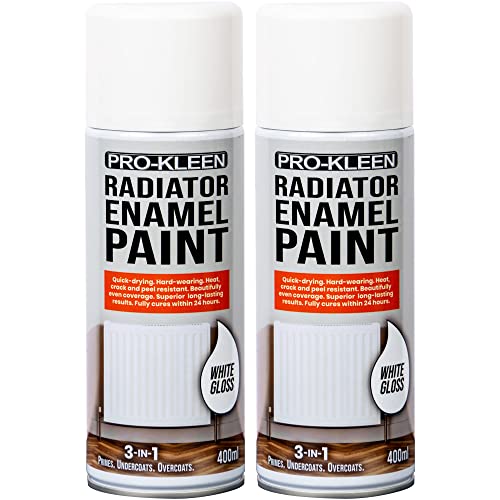 Pro-Kleen Radiator Enamel Spray Paint White Gloss 2 x 400ml - Heat Resistant up to 100ºC - For Radiators, Hot Pipes, Water Tanks & More - Fast Drying & No Primer Needed