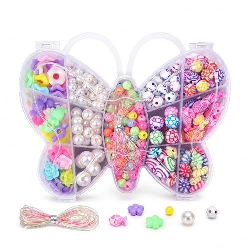 300 Stück Perlen für Armbänder Kinder, Schmetterling Perlenset Bastelset Kinder, Armbänder Selber Machen Set Mädchen, Schmuck Basteln mit Buchstabenperlen und Elastisches Band