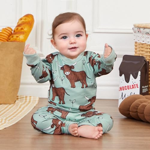 Western Baby Boy Girl Clothes Highland Cow Print Outfit Long Sleeve Sweatshirt Top Elastic Waist Pants Outfit Set2