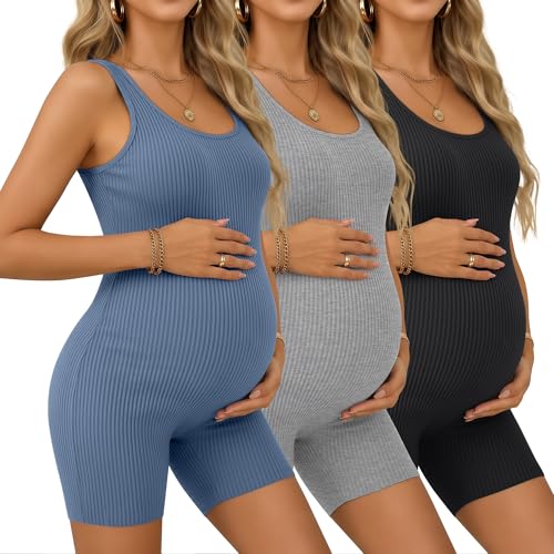 Yearntown 3 Pack Women's Maternity Bodysuits Pregnancy Ribbed Cotton Jumpsuit Yoga Shapewear Sleeveless Tanks Shorts Rompers(Large,Haze Blue, Light Heather Gray, Black)