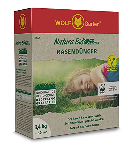 Wolf-Garten - Natura Bio Rasendünger NR 3,4 für 50m²; Verpackung aus Recycling Graspapier, Rot