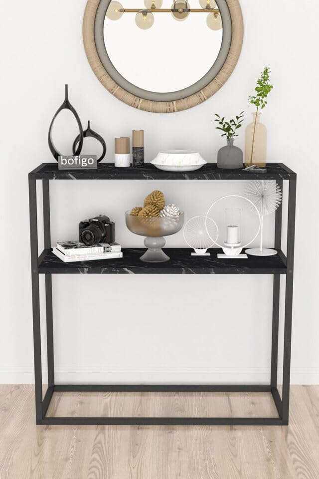 URBNLIVING Slim 90cm Console Table with 2 Open Shelves - Modern Wooden Top Free Standing Entryway Table with Metal Frame Legs Sofa Table for Small Spaces Hallway, Entryway, Living Room, Home Décor