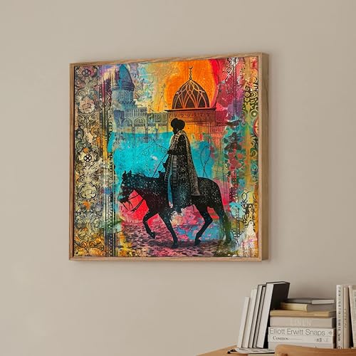 Image of Royal Horse Rider Framed Canvas Wall Art Painting for Living Room | Colorful Ethnic Abstract Horse Painting with Frame | Vintage Cultural Wall Decor for Home & Office, 23x23 Inch
