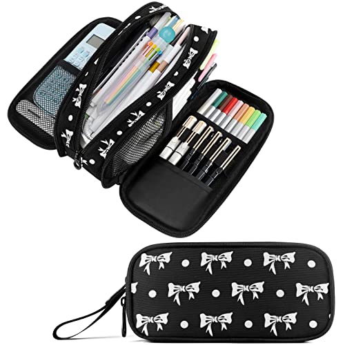 Image of Fustylead Bows Large Pencil Case, Minimalist Portable Stationery Bag Cosmetics Bag with Handle for Middle High College School Office Travel