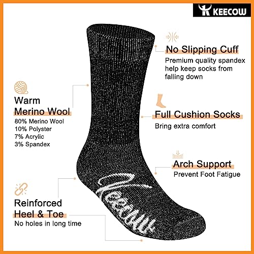 Keecow Merino Wool Crew Socks For Men & Women, Thermal, Warm, Winter Cushion Socks For Hiking Working Running, 3 Pairs (Large, Black) #TOP1