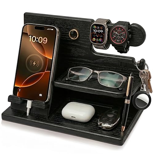 TESLYAR Wood Phone Docking Station for Men - Desk or Nightstand Organizer - Birthday Gifts for Husband Dad - Anniversary Idea from Wife - Key Holder Stand Wallet Watch & Essentials (Granite Black)