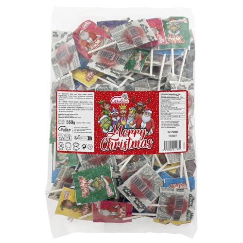 Caramelos Cerdán - Piruletas Feliz Navidad Christmas Pop | Bolsa 100 Uds | Nuevo Diseño Sabor cereza | Caramelo Duro con Palo Sin Gluten ni Alérgenos | Ideal para Fiestas Eventos y Cumpleaños