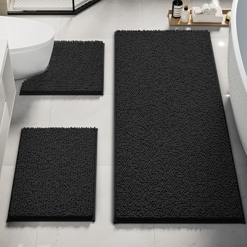 3-Piece Chenille Bath Rug Set, Non-Slip, Extra Large, Black