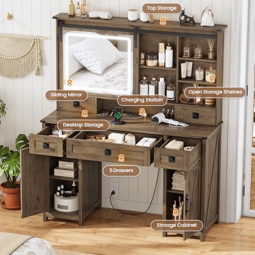 Image of AOGLLATI Farmhouse Makeup Vanity Desk with Lights & Charging Station,Vanity Desk with Mirror and Lights, 47.2 inch Large Brown Vanity Table with Ample Storage Space and Sliding Mirror (Oak Brown)