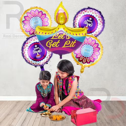 Image of Rozi Decoration Happy Diwali Lets Get Lit Diya Foil Balloons for Deepawali Festival Decor Set of 5 Pcs Happy Diwali Decoration Items, Happy Diwali Decoration Foil Balloon