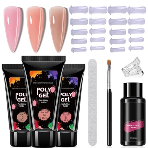 Poly Gel Nail Kit 3 Colors, Clear White Pink Builder Set, 15ML With Slip Solution, Nail Extension Gel, All-in-one Nails Strengthen Nails Art Kit DIY for Beginners Gift Set for Women