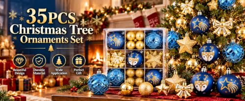 35 Piece Christmas Tree Ornaments Set Decorative Balls with Stars Bows and Reindeer Designs for Holiday Decor Navy Blue and Gold - image 2
