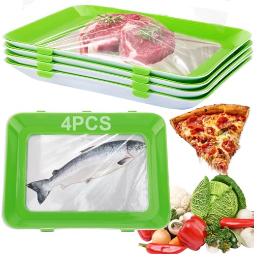 RIZENCE 4Pcs Storage Trays 12x9 Stackable Food Storage Trays with Lid Reusable Food Tray with Buckle Containers for Vegetable Meat Fish Fruit Long lasting Freshness