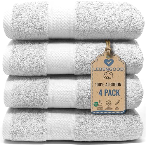 LEBENGOOD Juego de Toallas Baño y Lavabo 100% Algodón Premium 550gsm | Toallas Suaves, Absorbentes y Resistentes para Ducha, Hotel, SPA y Gym | Set de 4 Toallas Mano y Cuerpo (4 50X90 Blanco)