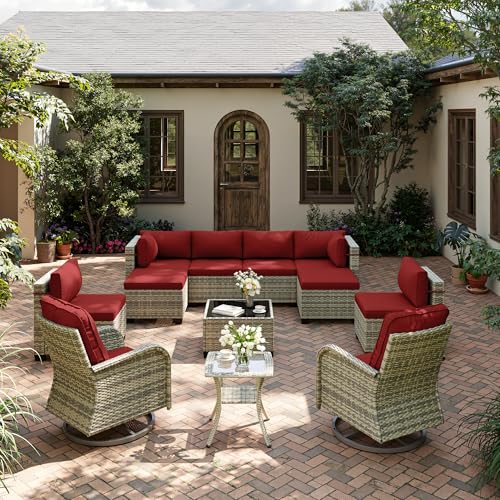 Image of 12-Piece Patio Furniture Set, Outdoor Patio Furniture with Swivel Chairs Set, Ottomans, Modular Patio Sofa, Dual-Strand Wicker Rattan, Rust-Resistant Frame, Red