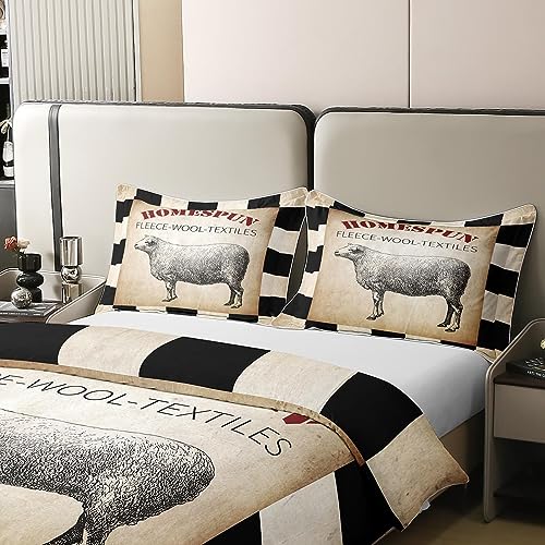 Kids Girls Boys Sheep 100% Cotton Duvet Cover,Fleece Rustic Bedding Set Double,Farmhouse Animal Comforter Cover,Vintage Geometric Buffalo Plaid Check Bed Sets with 2 Pillowcases,Black and White - Image 4
