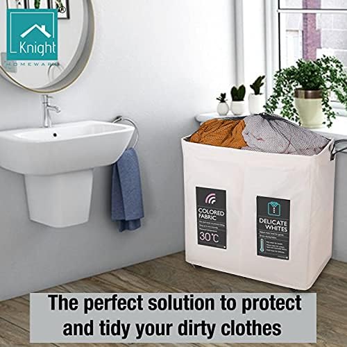KNIGHT Light Weight Laundry Basket 120L Collapsible Laundry Bag with Wheels Mesh Cover & Handles 2 Separate Sections | Folding Portable Washing | Storage Bin Durable Fabric | Washing (Ivory)