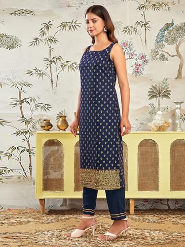 Sanisa Women's Cotton Blend Foil Printed Sequence And Embroidery Work Straight Kurta With Pant And Dupatta Set (190Kbd2021N-Xl_Navy Blue & Golden)