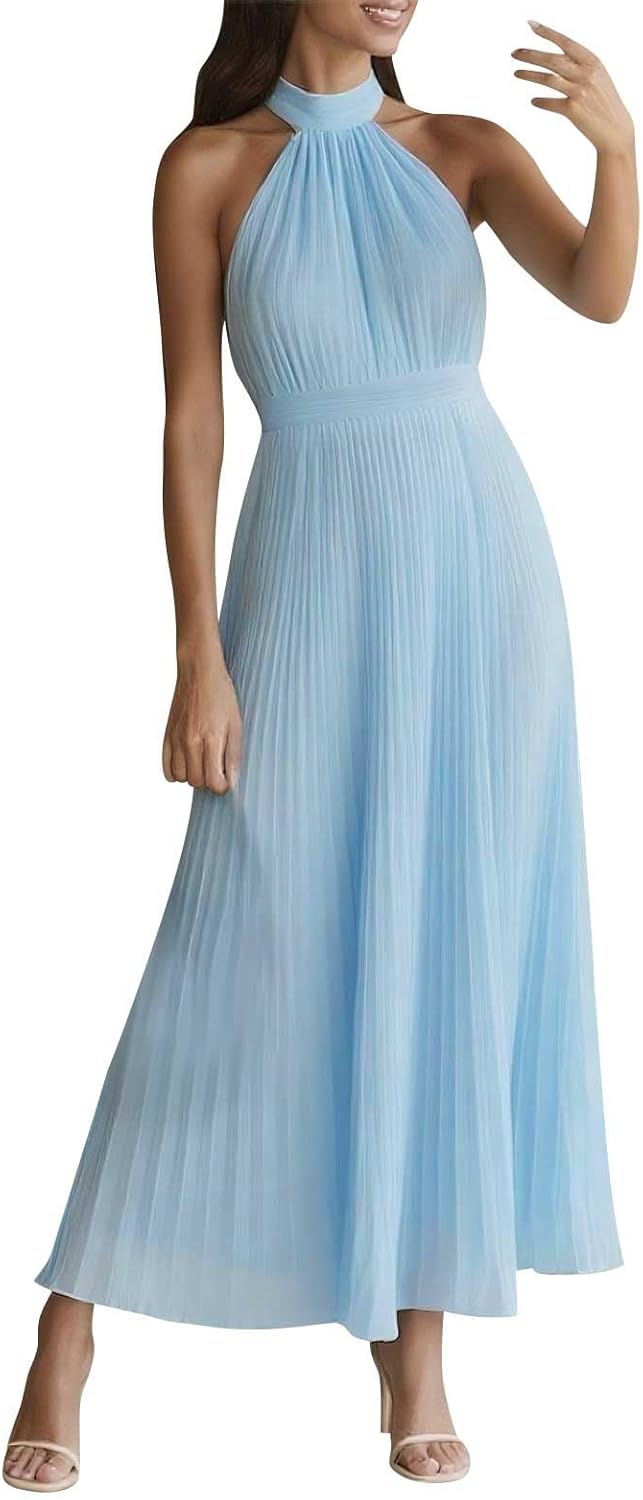 Women's Fall Formal Wedding Guest Dress Halter Flowy Sleeveless Pleated Boho Maxi Dress Casual Elegant Trendy Dresses