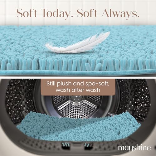 Image of Small Plush Shaggy Chenille Bath Mat 23 inchx14 inch Extra Soft, Super Absorbent, Non-Slip Bathroom Rug | Fluffy Microfiber, Area Rug Sets for Bathroom Floor, Kitchen, Living Room | 23 inchx14 inch | Spa Blue