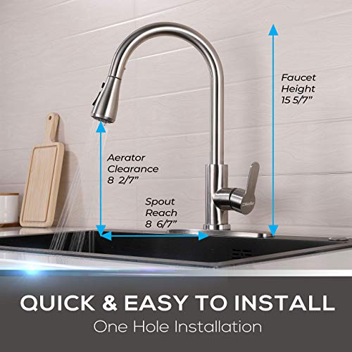 Mueller Single Handle Stainless Steel Kitchen Sink Faucet, High Arc, Single Lever, Pull-Out Sprayer Head, Stream Flow, Powerful Spray Kitchen Sink, with Deck Plate Brushed Nickel Finish