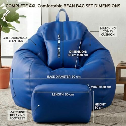 Image of KAM'S LIEU 5XL Luxury Faux Leather Bean Bag with Footrest & Cushion | Pre-Filled High-Density Polystyrene Beans | Premium Leatherette | 6 Months Warranty Color- (Royal Blue, Without Footrest)